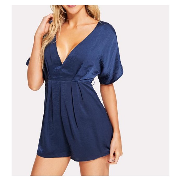 Navy Blue V Neck Short Sleeve Satin Romper - Picture 3 of 5